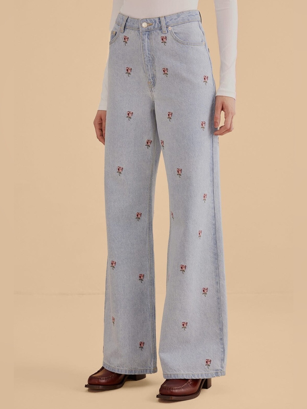 Farm Rio Rose Embroidered Denim Pants